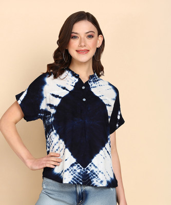 PinkTribe Casual Tie & Dye Women Blue, White Top