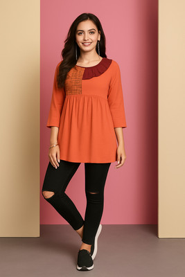 METRONAUT Casual Self Design Women Orange Top