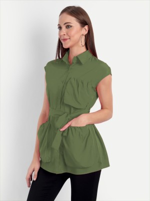 MINGLAY Casual Solid Women Light Green Top