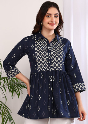 Yash Gallery Festive Printed Women Blue Top