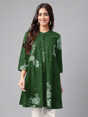 Janasya Casual Floral Print Women Green Top