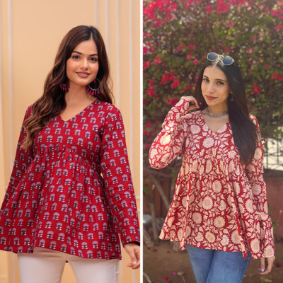 Desi Beats Casual Printed, Floral Print, Ethnic Motifs Women Maroon Top