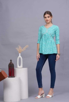 BAIZA Casual Printed Women Light Blue, White Top