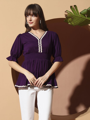 ZWERLON Casual Solid Women Purple Top