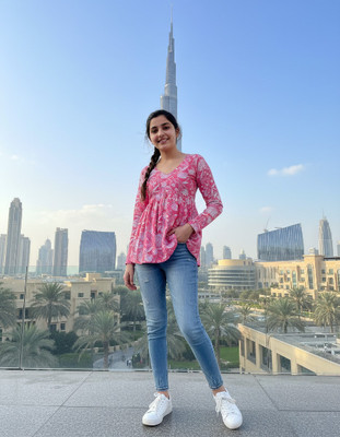 Desi Beats Casual Floral Print Women Pink Top