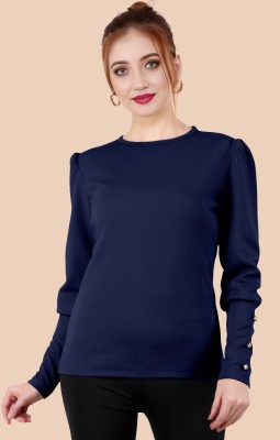 Julee Casual Solid Women Dark Blue Top