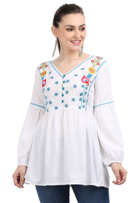 3SIX5 Casual Full Sleeve Embroidered Women White, Red Top