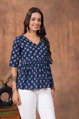 ARZOO Casual Floral Print Women Blue Top