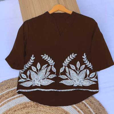 HIR COUTURE Casual Embroidered Women Brown Top