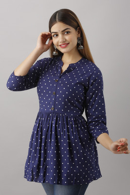 HANUMNTRA Casual 3/4 Sleeve Polka Print Women Blue Top