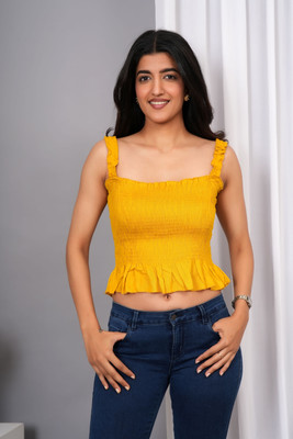 VYMO Casual Self Design Women Yellow Top