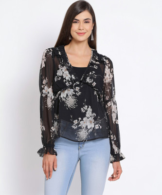 OXOLLOXO Casual 3/4 Sleeve Printed Women Black Top