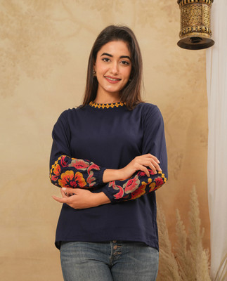 TQC Casual Embroidered Women Blue Top