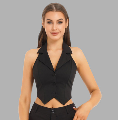 LAHAZAT Casual Solid Women Black Top