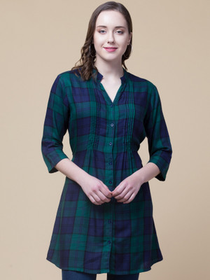 HouseOfCommon Casual Checkered Women Green Top