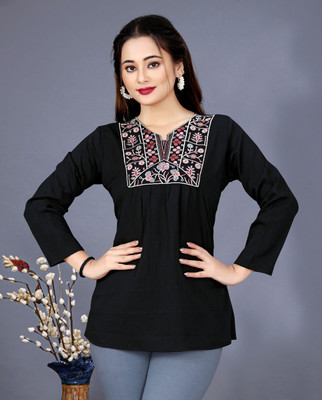 MAPRI Casual Embroidered Women Black Top