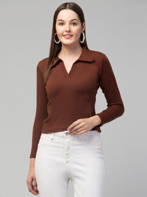 Alveen Empire Casual Solid Women Brown Top
