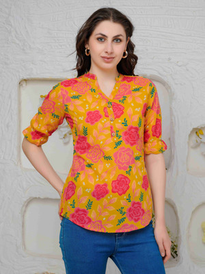 Threadflix Casual Floral Print Women Yellow, Pink Top