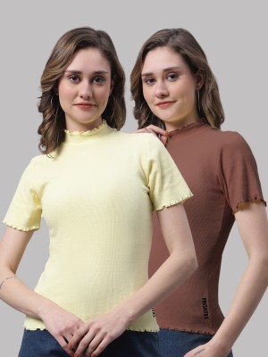 FBAR Casual Self Design Women Yellow, Brown Top