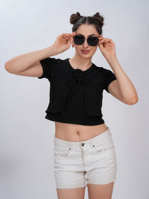 clobug Casual Solid Women Black Top