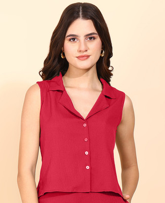 FashFun Formal 3/4 Sleeve Solid Women Red Top