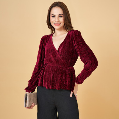 PEOPLE Casual Self Design Women Maroon Top