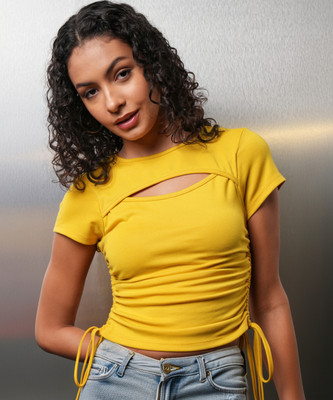 Tokyo Talkies Casual Solid Women Yellow Top