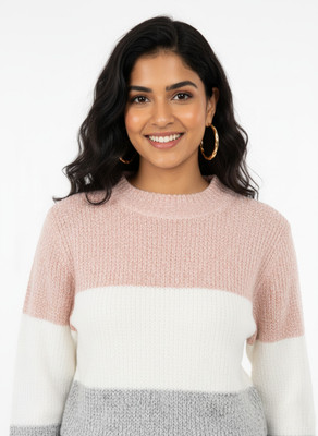 Crazy Look Colorblock Round Neck Casual Women Pink, Grey, White, Multicolor Sweater