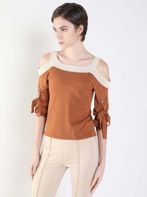 Showoff Casual Solid Women Brown Top