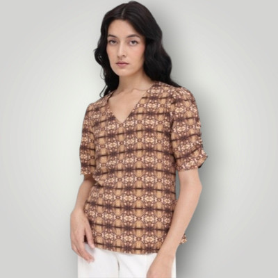 KAUTAQI Casual Printed Women Brown Top
