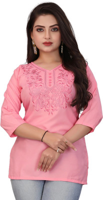 HouseOfCommon Casual Embroidered Women Pink Top