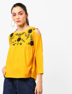 ishaanvi fashion Casual Embroidered Women Yellow Top