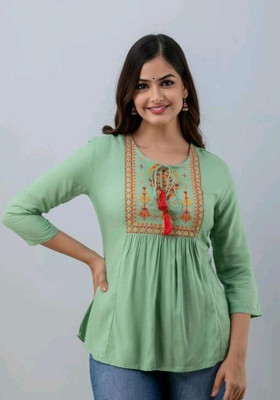 Mahinfashion Casual Embroidered Women Green Top