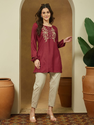 Janasya Casual Embroidered Women Maroon Top