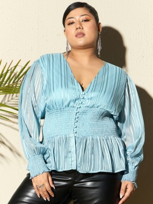 CURVE BY KASSUALLY Casual Striped Women Light Blue Top