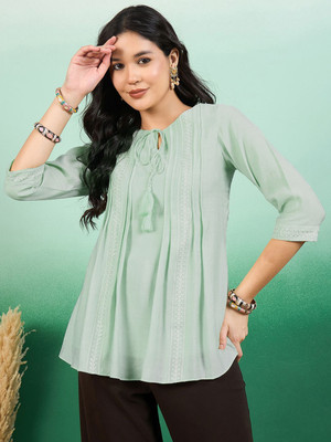Sangria Casual Embroidered Women Green Top