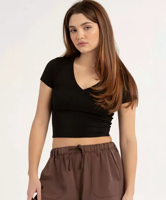 FAST CRY Casual Solid Women Black Top