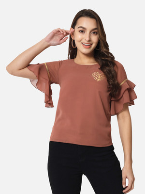 ALL WAYS YOU Casual Embroidered Women Brown Top