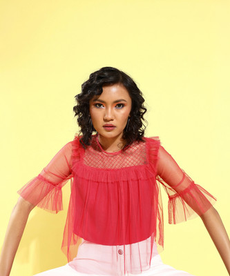KASSUALLY Casual Self Design Women Red Top