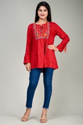 MADARI Casual Solid, Embroidered Women Red Top