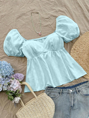 EMERYLA Casual Self Design Women Light Blue Top
