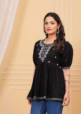 MS Ghumman Casual Embroidered Women Black Top