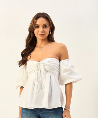 DRAPE AND DAZZLE Casual Solid Women White Top