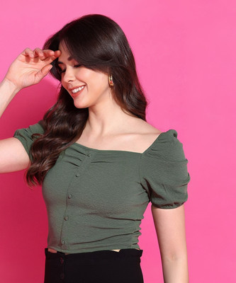 Mast & Harbour Casual Solid Women Green Top