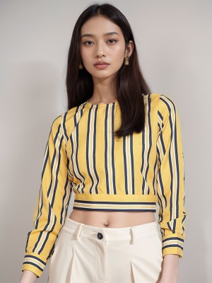 KNOTLOOM Casual Striped Women Yellow Top