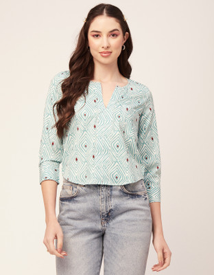 moomaya Casual Printed Women Light Green, White, Brown Top