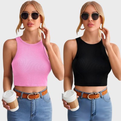 CotiQ Casual Solid Women Pink, Black Top