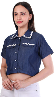 YES TEN Casual Self Design, Lace Women Dark Blue Top