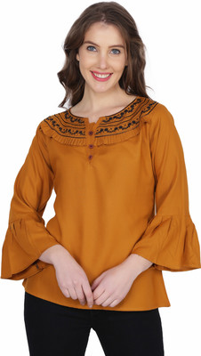 Stylistico Casual 3/4 Sleeve Embroidered Women Yellow Top