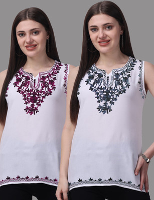 aakrushi Casual Embroidered Women Purple, Silver Top
